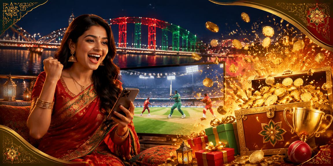 বরিশালে শাড়ি পরা একজন নারী মোবাইলে ক্রিকেট বেটিং অডস দেখছেন